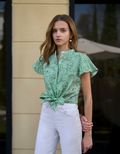 Floral Embroidery Waist Knot Striped Top
