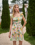 Cutwork Embroidery Floral Print Ruffled Sleeve Dress