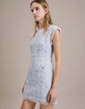 Fringed Trims Geometric Print Sleeveless Tweed Dress