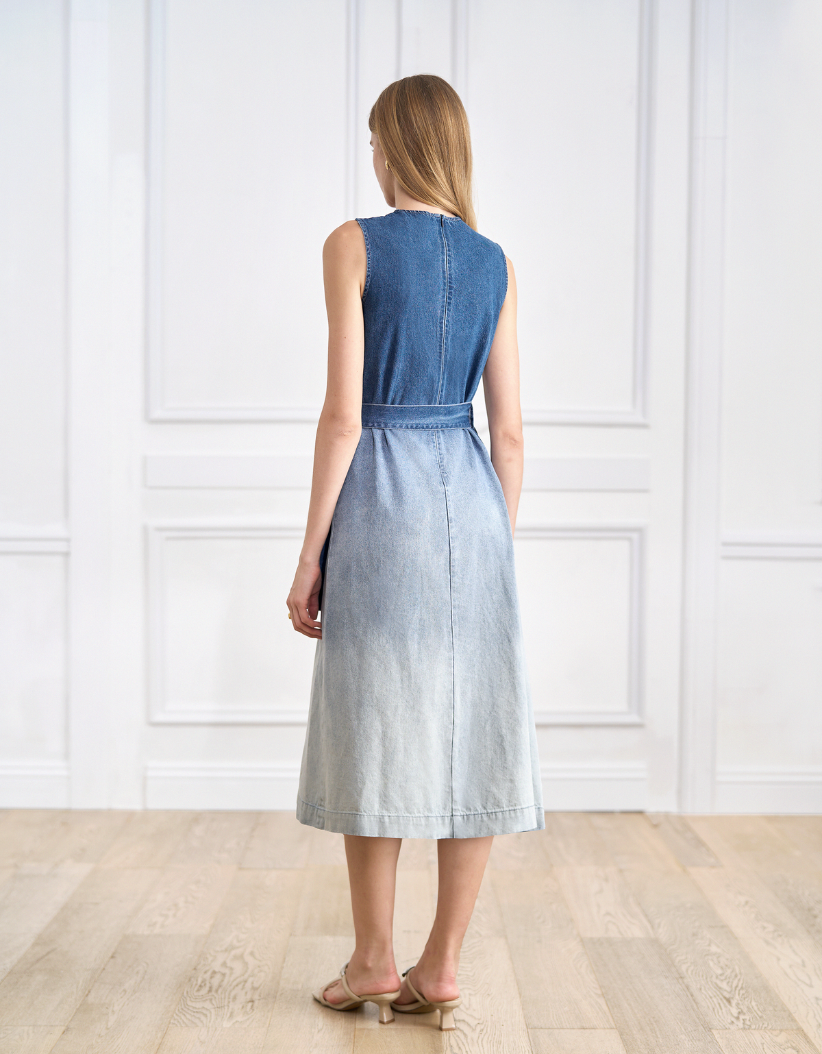 Gradient Washed Denim Waist Tie Midi Dress