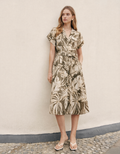 Palm Leaf Print Waist Tie Shirt Dress
