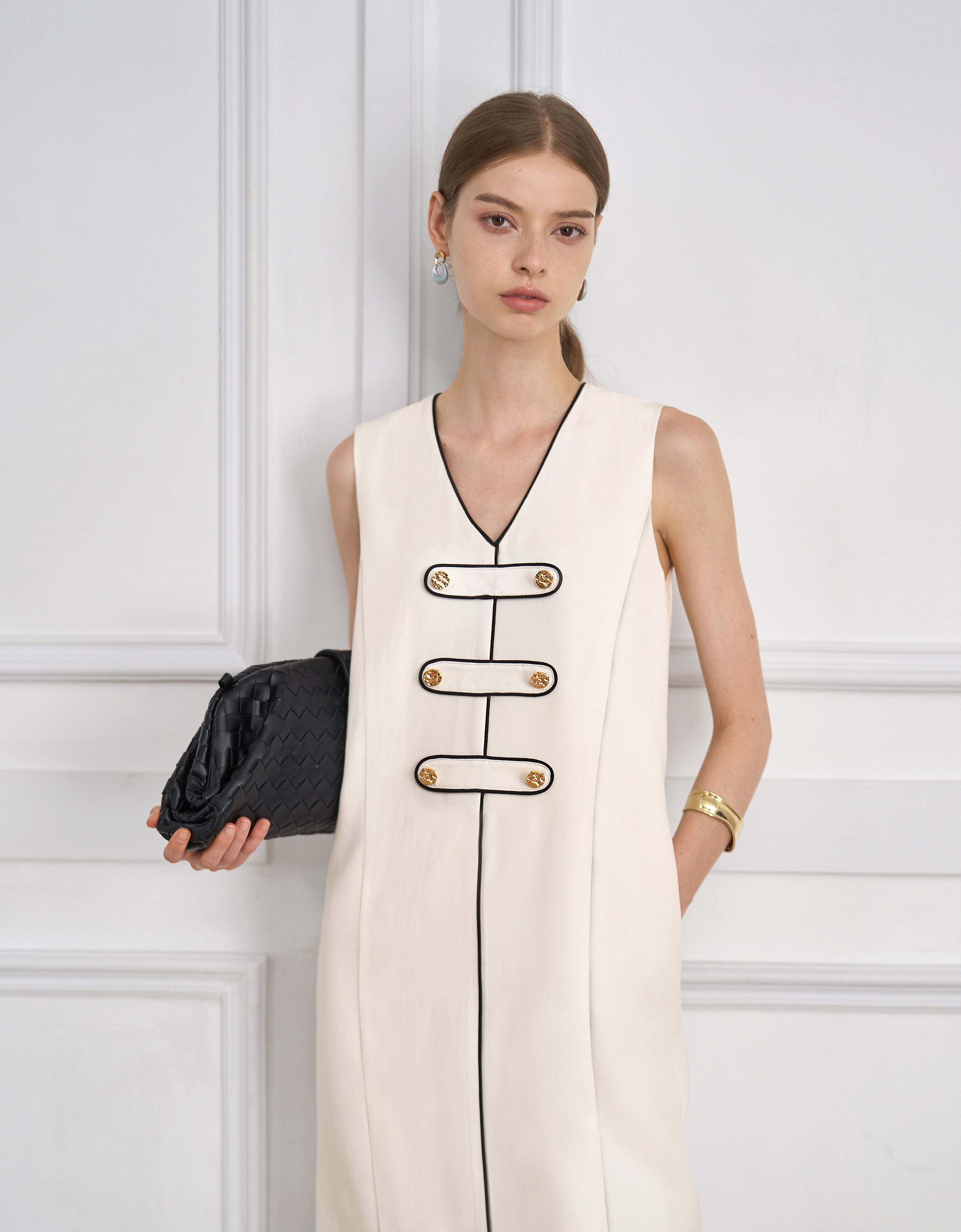 Ivory Contrast Trims Button Detail V-neck Dress with black piping and gold button tabs