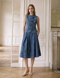 Washed Denim Pleated Midi Skirt
