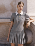 Contrast Collar Pleated Skirt Short Sleeve Plaid Dress