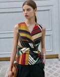 Geometric Stripe Print Waist Tie Sleeveless Top