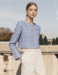 Contrast Pleated Hem Long Sleeve Tweed Top